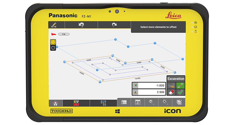 Leica iCON-App zeigt digitalen Aushubplan für Erdbauunternehmen auf einem gelben Leica iCON-Toughpad.